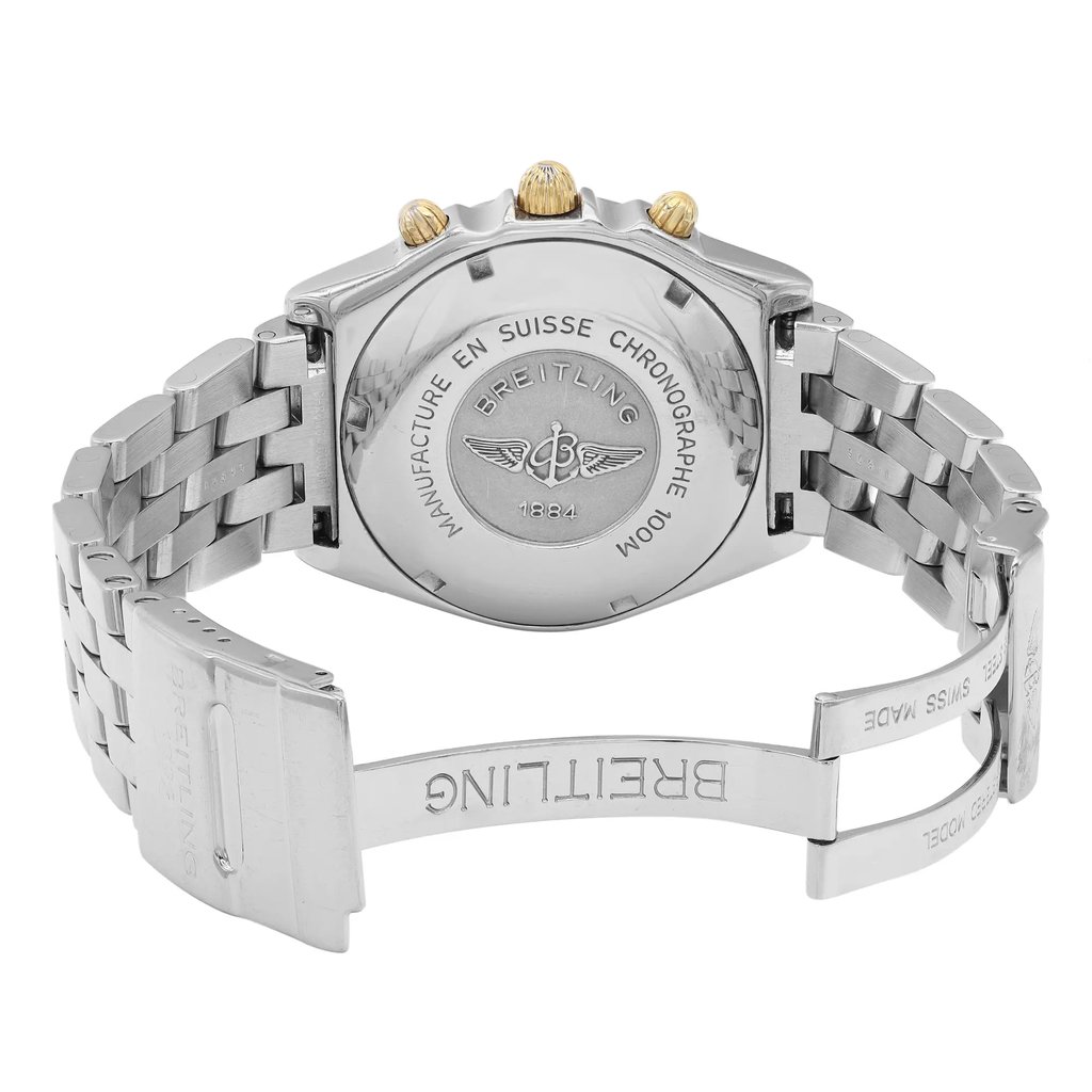 Back View Of Solid Back Case And Open Stainless Steel Band Of Breitling B13050.1 Watch Pre Owned Condition