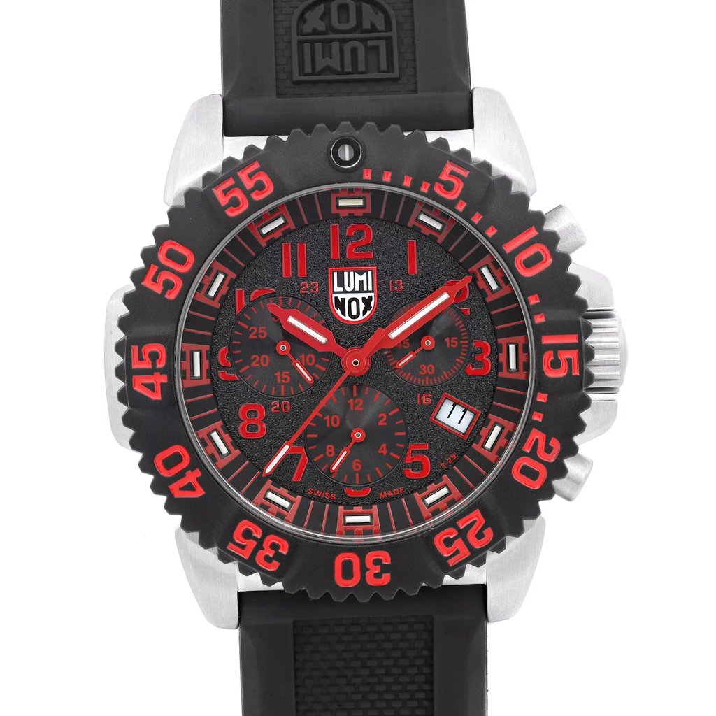 An image of a Wristwatch by Luminox. This Display Model item is designed for Men, featuring a Diver,Military style. It has a Quartz movement and an Analog display with a Black dial color. The indices include 12-Hour Dial,Arabic Numerals,Multi Dial,Seconds Hand. The band is made of Rubber and the case is made of Stainless Steel. The watch has a Round shape with a case size of 44 mm and a case thickness of 14 mm.