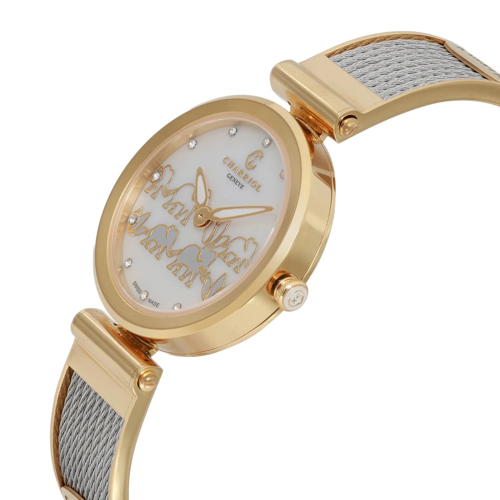 An image of a pre-owned Charriol women's wristwatch, featuring a gold-tone case and a decorative dial with luminous hands. The watch is positioned at a slight angle, showcasing the side profile and part of the strap. The angle highlights the textured band and the elegant design details on the dial. The image is taken from a close distance, focusing on the watch's intricate features.