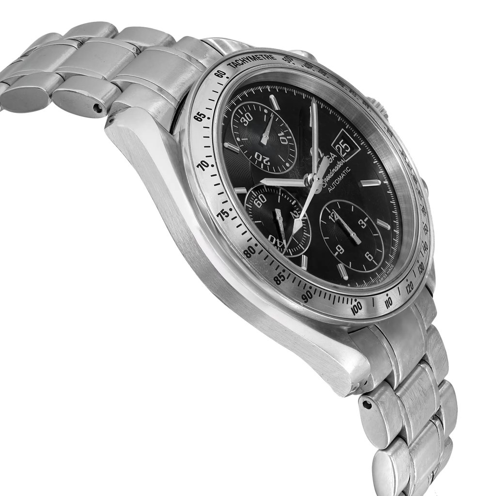 An image of a pre-owned wristwatch taken from a side profile view, opposite the crown. The watch features a metal bracelet and a black dial with multiple subdials, surrounded by a tachymetric scale on the bezel. The angle highlights the sleek case design and the watch's overall elegance.