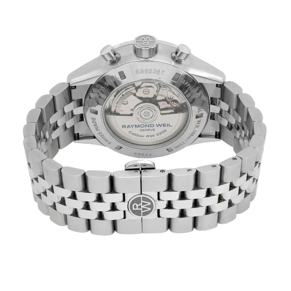 Back View Of Exhibition Back Case And Closed Stainless Steel Band Of RAYMOND WEIL 7730-ST-20041 Watch Pre Owned Condition