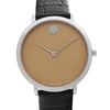 An image of a Wristwatch by Movado. This Display Model item is designed for Women, featuring a Classic style. It has a Quartz movement and an Analog display with a Beige dial color. The indices include 12-Hour Dial,No Hour Marks. The band is made of Leather and the case is made of Stainless Steel. The watch has a Round shape with a case size of 35 mm and a case thickness of 6 mm.