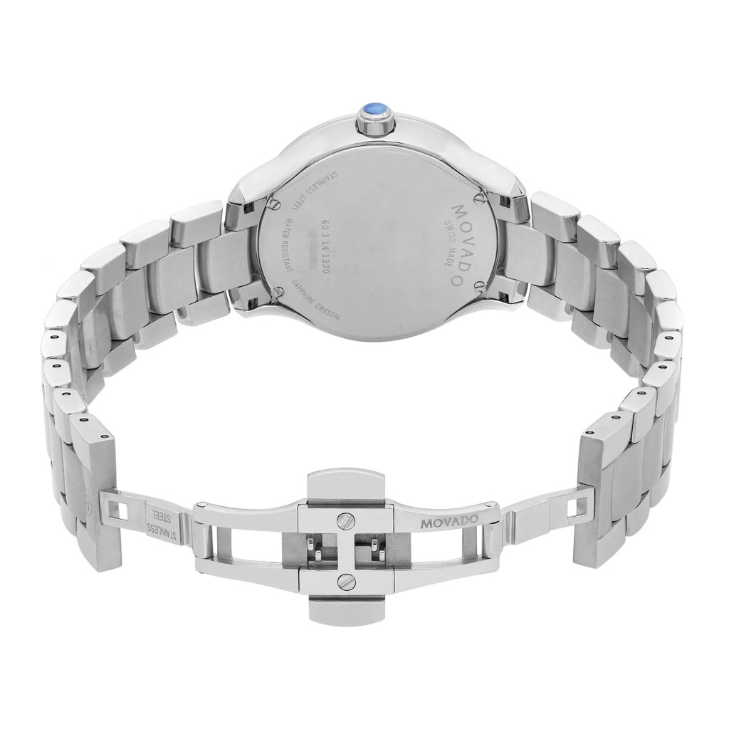 Back View Of Screwback Back Case And Open Stainless Steel Band Of Movado 0606978 Watch Display Model Condition
