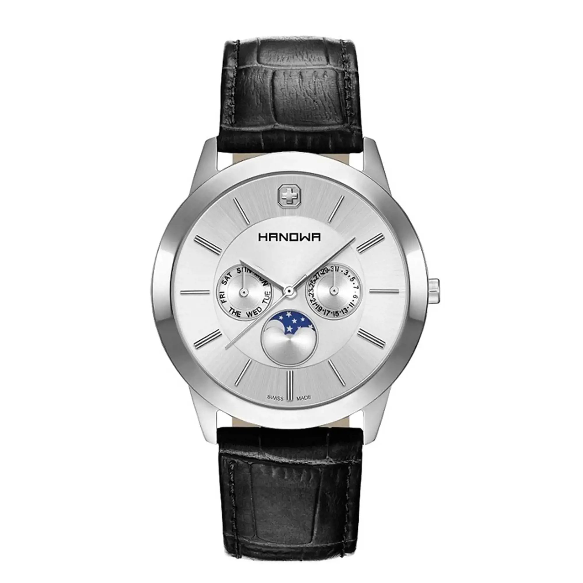 An image of a Wristwatch by Honawa. This Unworn item is designed for Men, featuring a Dress/Formal style. It has a Quartz movement and an Analog display with a Silver dial color. The indices include 12-Hour Dial,Stick Indexes. The band is made of Leather and the case is made of Stainless Steel. The watch has a Round shape with a case size of 42 mm and a case thickness of 9 mm.