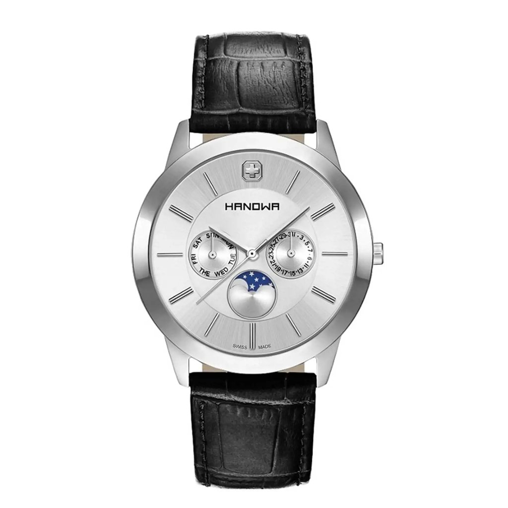An image of a Wristwatch by Honawa. This Unworn item is designed for Men, featuring a Dress/Formal style. It has a Quartz movement and an Analog display with a Silver dial color. The indices include 12-Hour Dial,Stick Indexes. The band is made of Leather and the case is made of Stainless Steel. The watch has a Round shape with a case size of 42 mm and a case thickness of 9 mm.