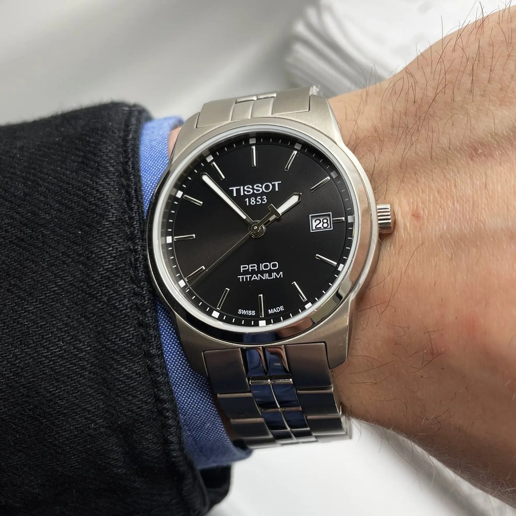 Up Close Front Facing Picture Of Tissot T049.410.44.051.00 Titanium Watch Display Model Condition