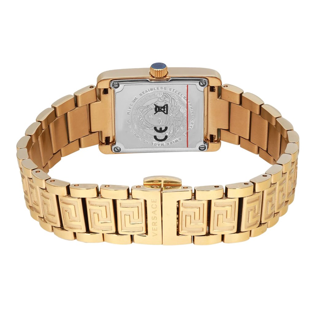 An image of a women's Versace wristwatch, viewed from the back at a close angle, showcasing the solid caseback and closed clasp. The watch features a rectangular shape with a gold-plated stainless steel case and band. The intricate link design of the band and the brand name "Versace" are prominently displayed on the clasp.