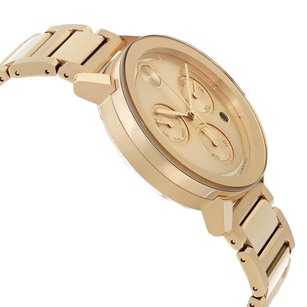 An image of a pre-owned wristwatch taken from a side profile view, opposite the crown. The watch is positioned at an angle, showcasing its sleek design and metallic bracelet. The angle highlights the face, which includes multiple subdials, and the bracelet links are clearly visible. The watch is close up, emphasizing its details and craftsmanship.