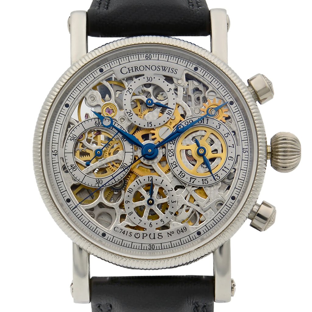 Up Close Front Facing Picture Of Chronoswiss CH 7520 S Platinum Watch Pre Owned Condition