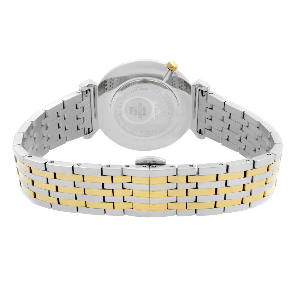 An image of a men's Bulova wristwatch, displayed from the back view with the butterfly clasp closed. The watch is shown at a slight left angle, with the focus on the solid caseback made of stainless steel. The band, also made of stainless steel, features a two-tone design with gold-colored accents. The image is taken from a close distance, showing the condition of the display model and the round shape of the watch case.