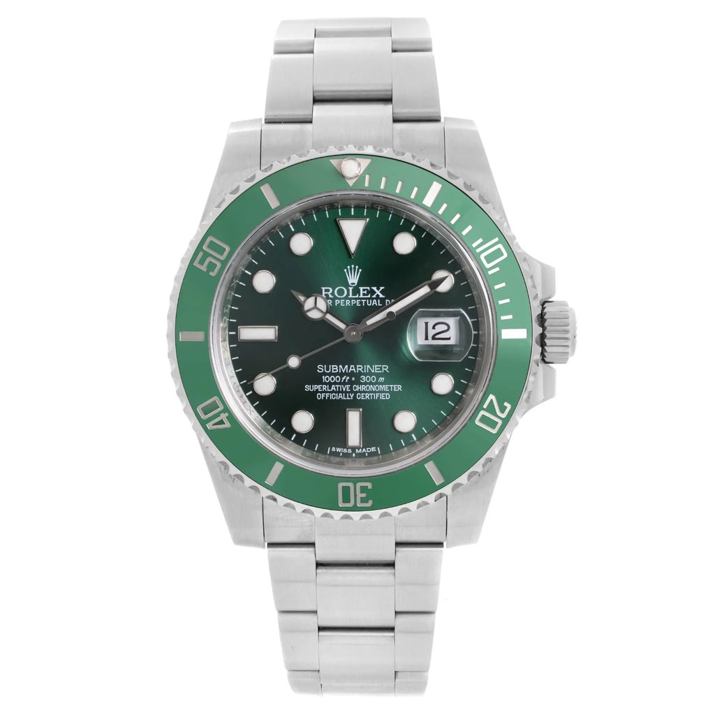 An image of a pre-owned wristwatch shown from a front full frontal view. The watch features a green bezel and dial with white markers and a date display. It has a silver metal bracelet and is positioned centrally, captured at a close distance to highlight its details.