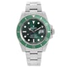 An image of a pre-owned wristwatch shown from a front full frontal view. The watch features a green bezel and dial with white markers and a date display. It has a silver metal bracelet and is positioned centrally, captured at a close distance to highlight its details.
