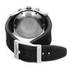 An image of a pre-owned Breitling men's wristwatch viewed from the back, showcasing the stainless steel screwback case with the brand's logo and text. The round shape of the case is evident, and the black rubber band is visible with a buckle closure. The watch is positioned with the caseback facing upwards and the band looping downwards, shown from a top-down angle with a close-up perspective.