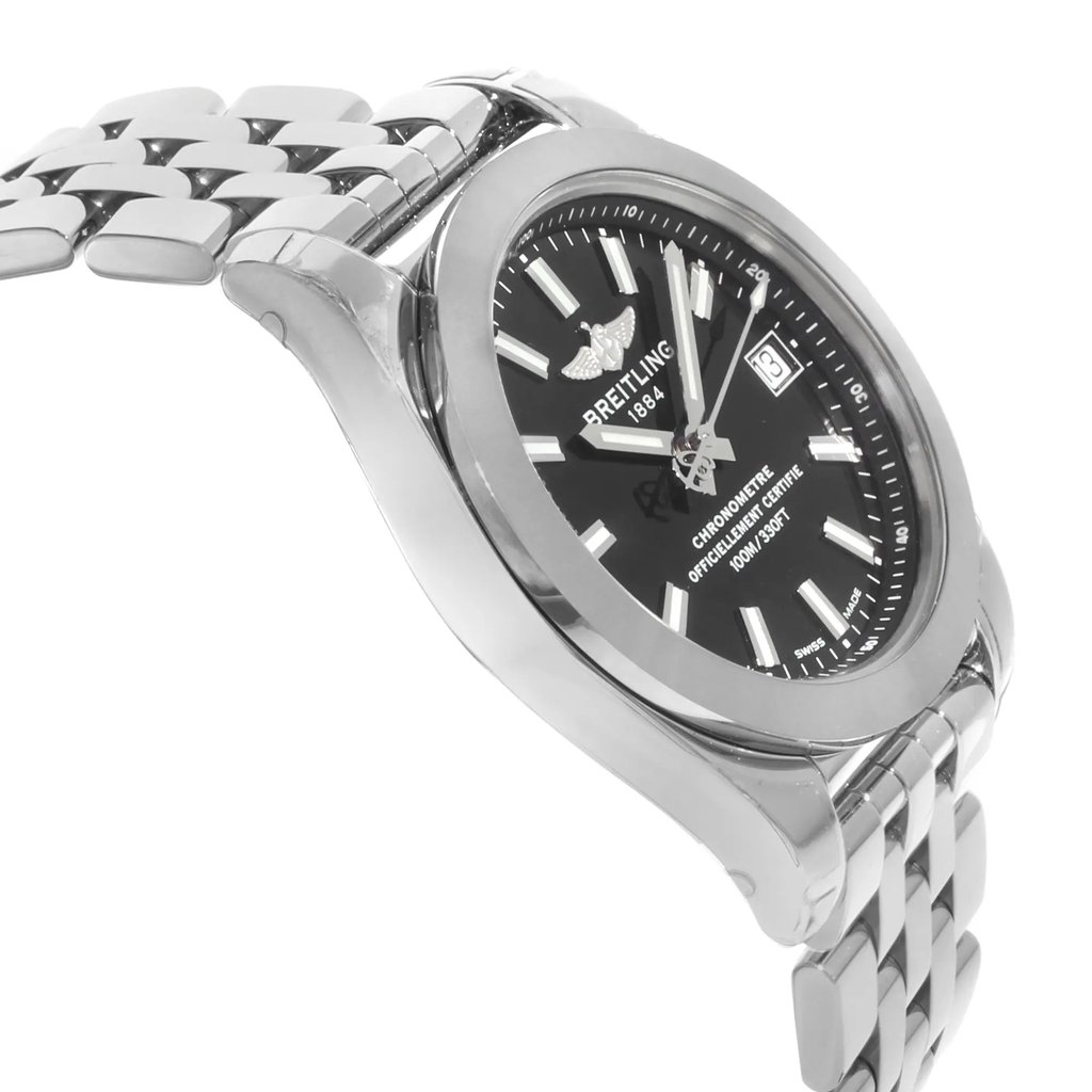 View Of Opposite Crown Facing Side Of Breitling W7433012-BE08-376A Stainless Steel Watch Display Model Condition