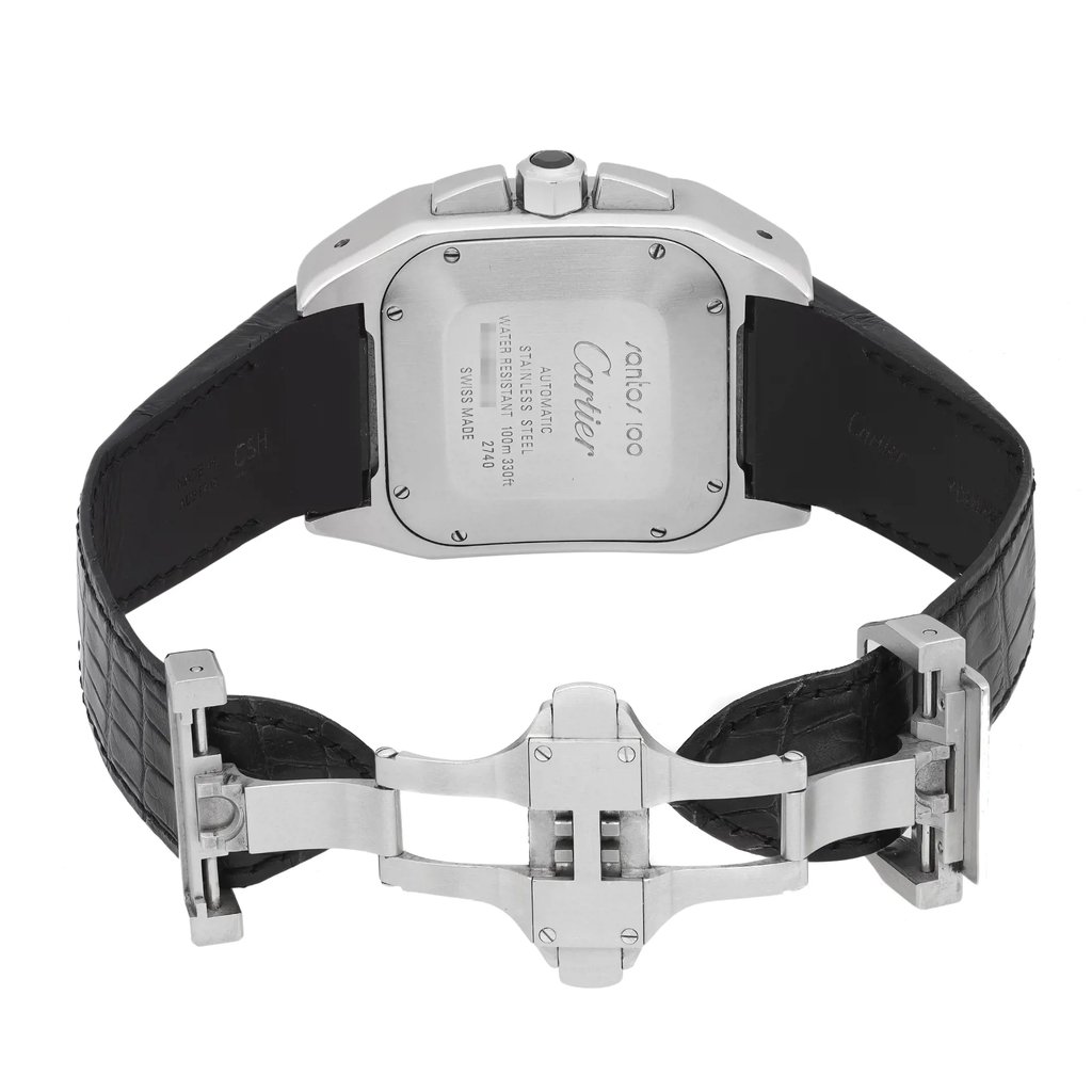 An image of a pre-owned Cartier men's wristwatch with an open clasp, viewed from the back. The watch features a square stainless steel case with a screwback and a black leather band. The clasp is a fold-over push-button deployant, shown in an open position. The watch is positioned centrally in the frame.