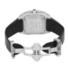 An image of a pre-owned Cartier men's wristwatch with an open clasp, viewed from the back. The watch features a square stainless steel case with a screwback and a black leather band. The clasp is a fold-over push-button deployant, shown in an open position. The watch is positioned centrally in the frame.