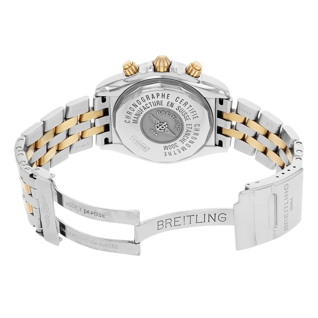 Back View Of {Caseback} Back Case And Open Stainless and Solid Gold Band Of Breitling C13356 Watch Pre Owned Condition