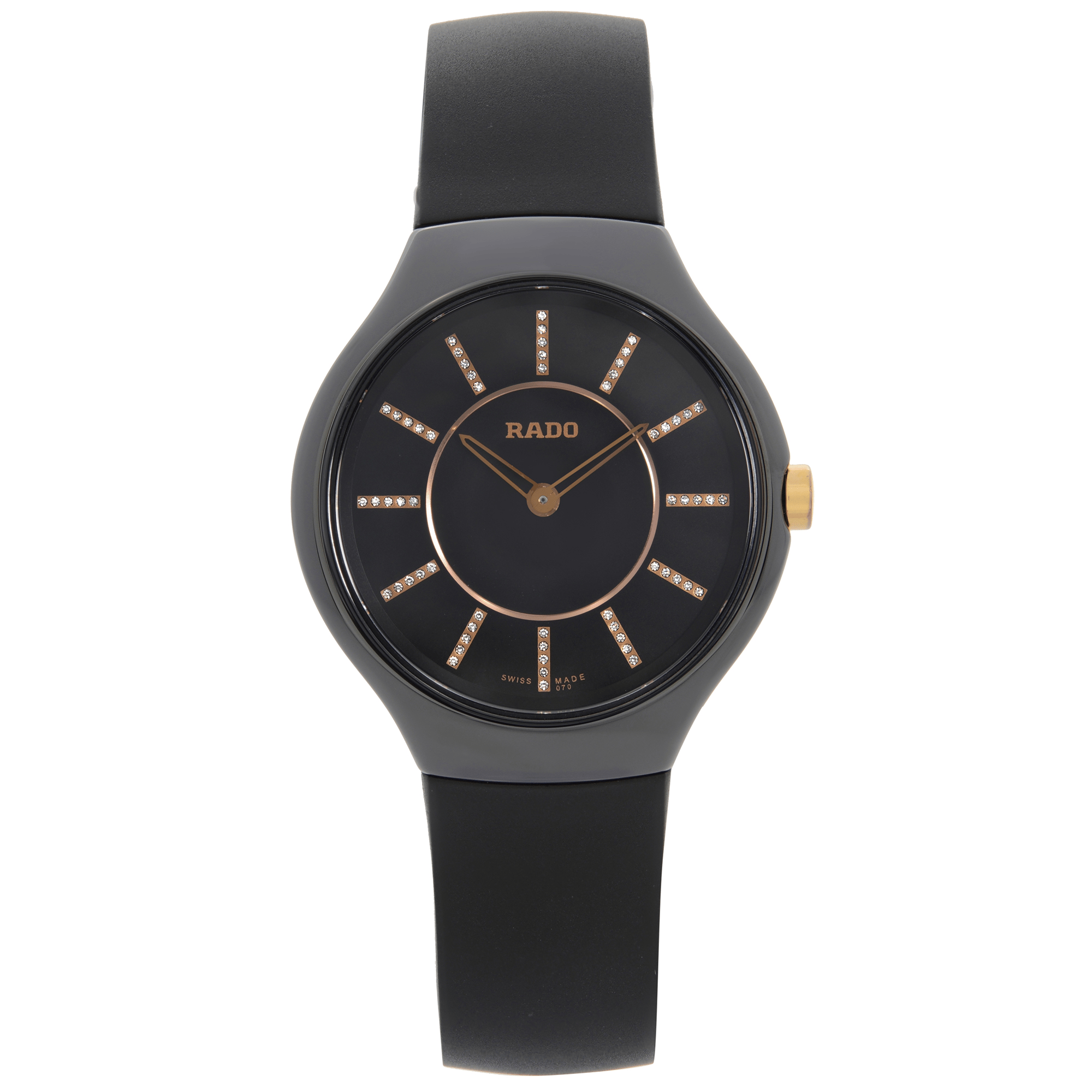 An image of a wristwatch captured from a front full frontal view. The watch features a dark strap and a matching dark face with gold accents and detailing. It is positioned directly facing the viewer, highlighting its sleek design and craftsmanship. Despite being new, the watch is noted to have defects. The image is taken at a close distance, offering a clear and detailed view of the watch's features.