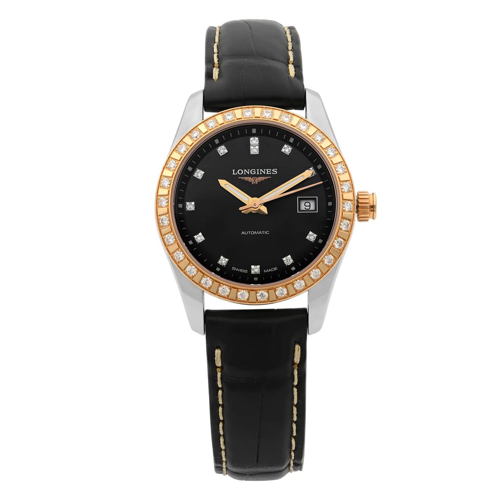 An image of a wristwatch in a full frontal view, showcasing its black dial and gold-tone bezel adorned with diamonds. The watch features gold hands and a date window at the 3 o'clock position. The black leather strap has beige stitching. The image captures the watch straight on, highlighting its elegant design as a display model.