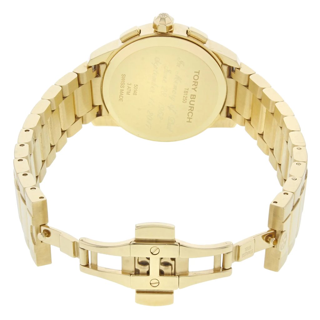 Back View Of Snap Back Case And Open Stainless Steel Band Of Tory Burch TB1250 Watch Display Model Condition