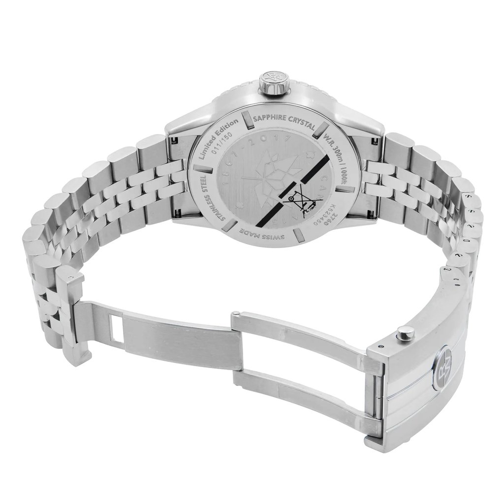 An image of an unworn RAYMOND WEIL men's wristwatch shown from the back view with an open clasp. The distance from the camera to the watch is close enough to capture fine details while displaying the entire backside of the watch and its bracelet.