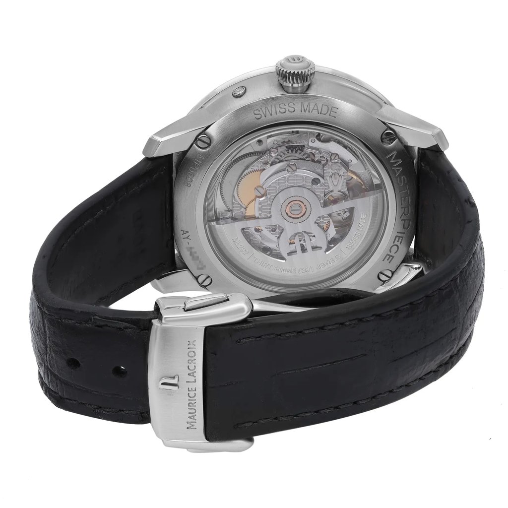 Back View Of Exhibition Back Case And Closed Leather Band Of Maurice Lacroix MP6608-SS001-110-1 Watch Pre Owned Condition