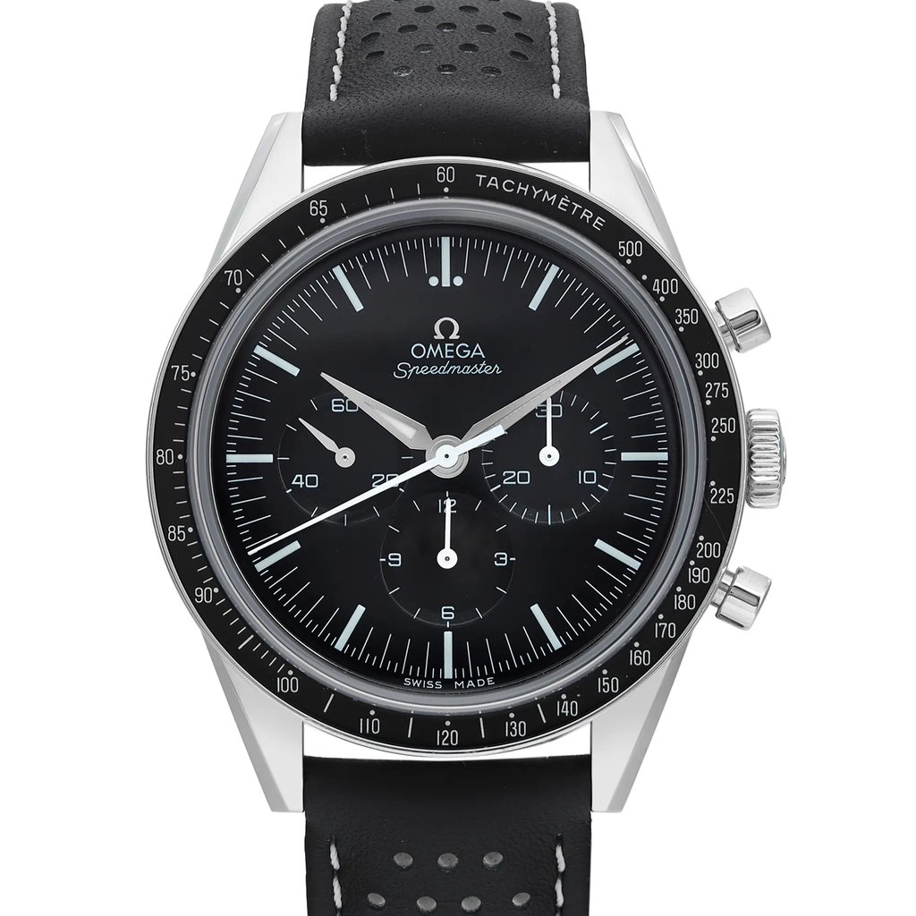 An image of a pre-owned men's luxury OMEGA wristwatch. The close-up, front shot highlights the round, stainless steel case with a black dial and bezel. The watch face features stick indexes and a chronograph, with three sub-dials. The band is made of black leather, complementing the sophisticated design.