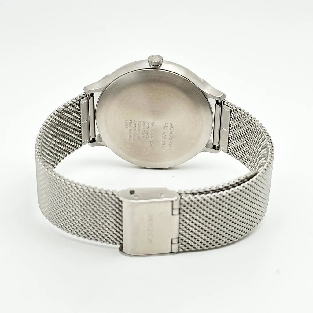 Back View Of Snap Back Case And Closed Stainless Steel Band Of Mondaine MH1.L2210.SM Watch Unworn Condition