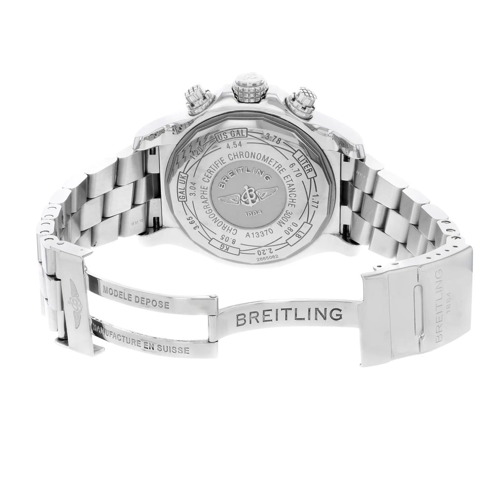 Back View Of {Caseback} Back Case And Open Stainless Steel Band Of Breitling A1337011-C757-SS Watch Pre Owned Condition