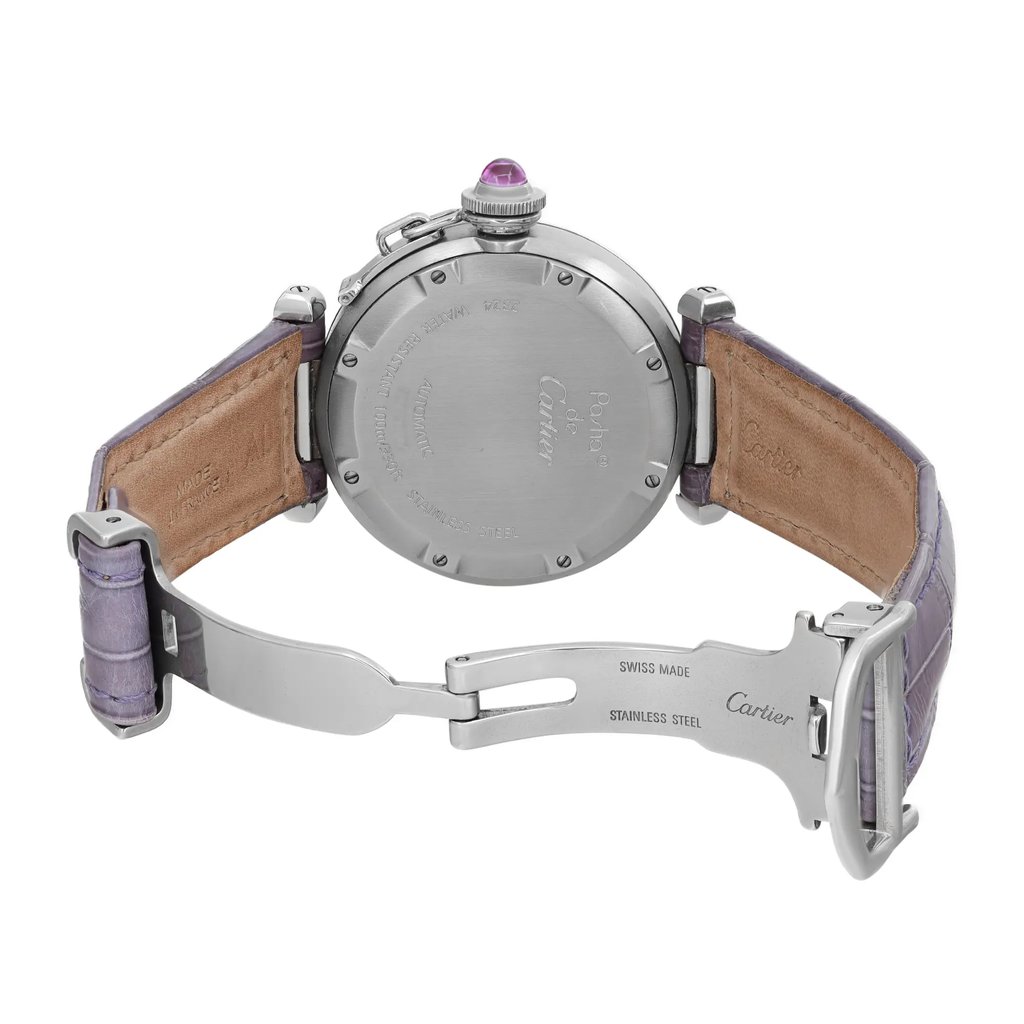 Back View Of Screwback Back Case And Open Leather Band Of Cartier 2324 Watch Pre Owned Condition