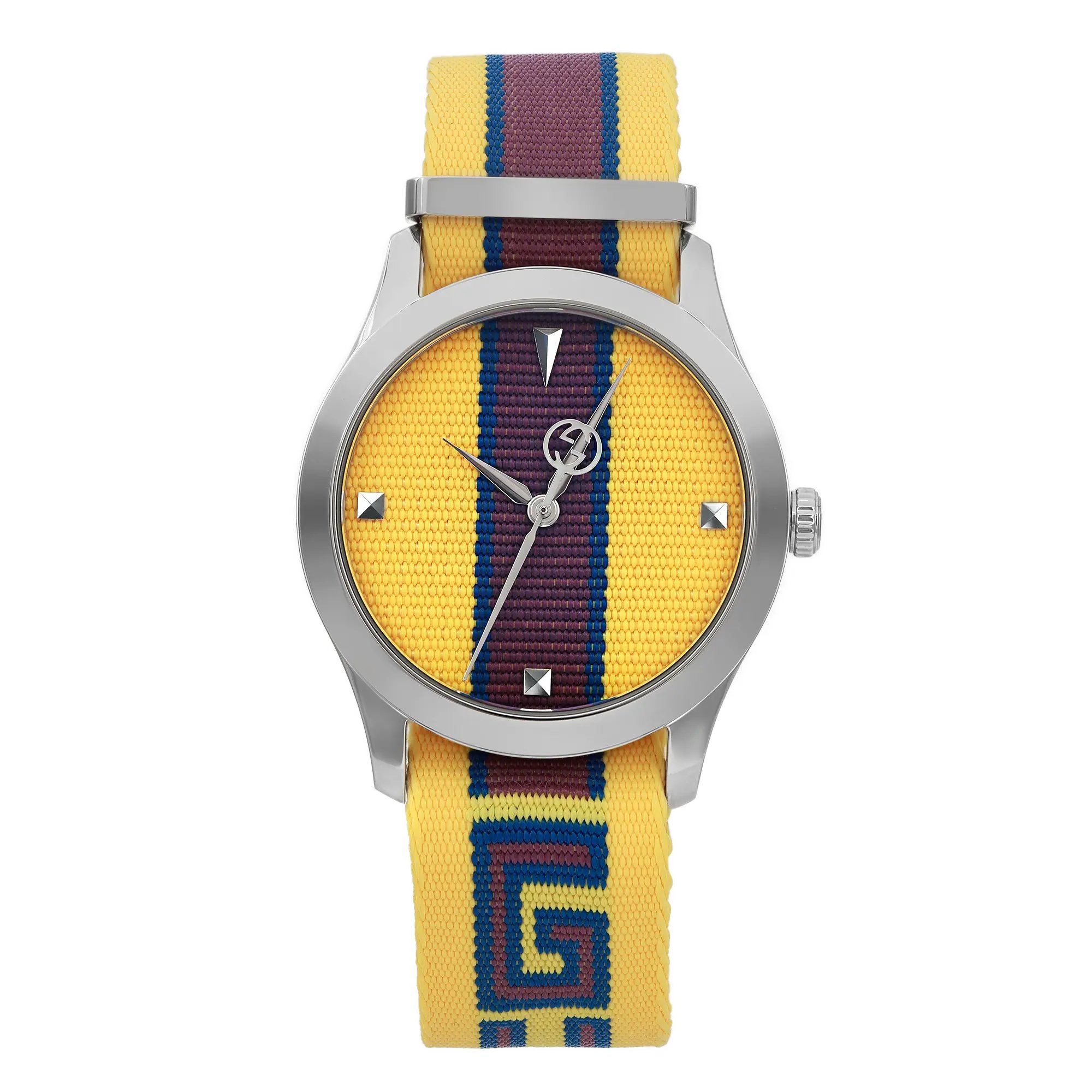 An image of a Wristwatch by Gucci. This Unworn item is designed for Unisex Adult, featuring a Casual style. It has a Quartz movement and an Analog display with a Yellow dial color. The indices include 12-Hour Dial,Non-Numeric Hour Marks. The band is made of Nylon and the case is made of Stainless Steel. The watch has a Round shape with a case size of 38 mm and a case thickness of 9.5 mm.