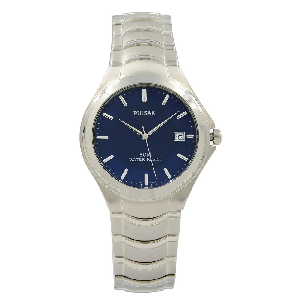 An image of a Wristwatch by Pulsar. This Display Model item is designed for Men, featuring a Casual style. It has a Quartz movement and an Analog display with a Blue dial color. The indices include 12-Hour Dial,No Hour Marks,Stick Indexes. The band is made of Stainless Steel and the case is made of Stainless Steel. The watch has a Round shape with a case size of 36 mm and a case thickness of 9 mm.