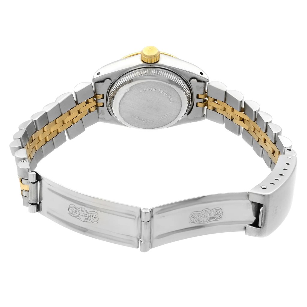 Back View Of Solid Back Case And Open Stainless and Solid Gold Band Of Rolex 69173 Watch Pre Owned Condition