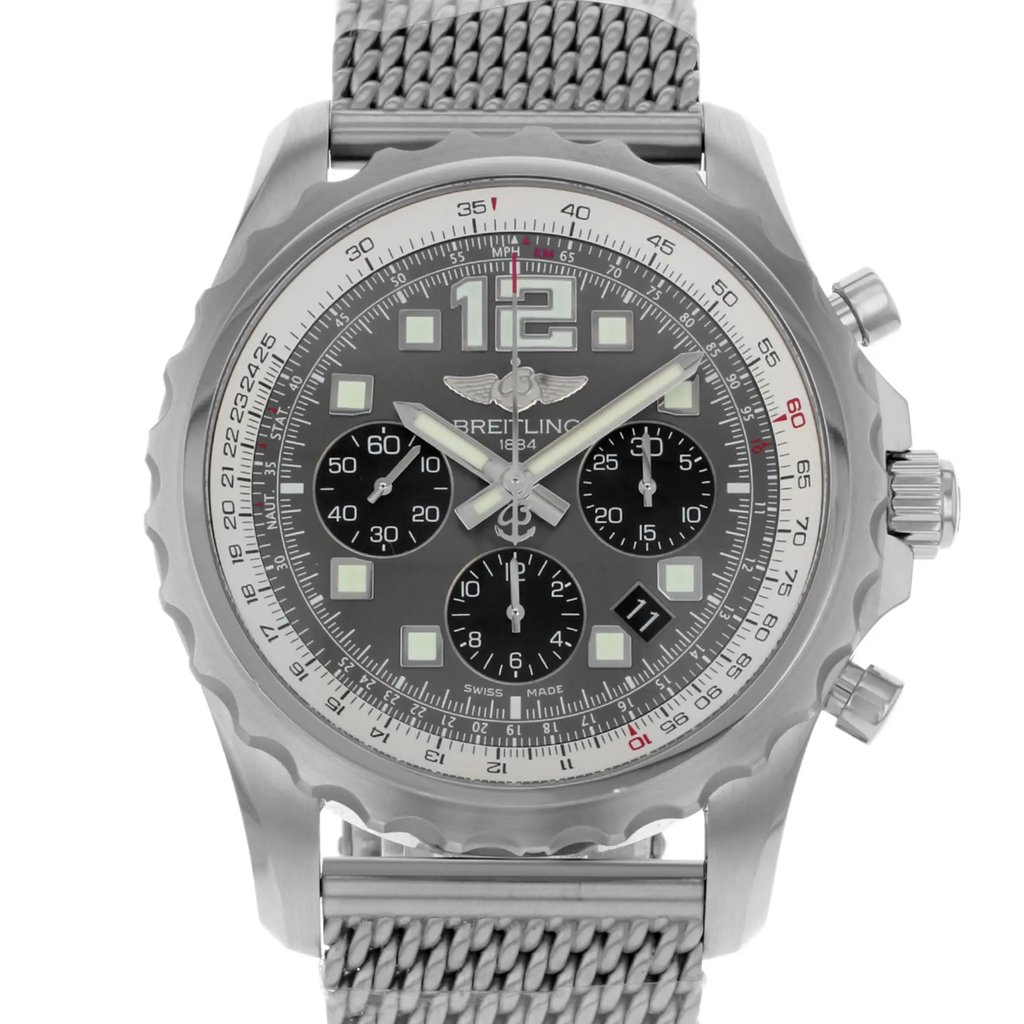Up Close Front Facing Picture Of Breitling A2336035-F555-152A Stainless Steel Watch Display Model Condition