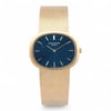 An image of a pre-owned unisex Patek Philippe Ellipse 18k Yellow Gold Blue Dial Manual Wind Watch 3583. The watch is positioned upright, with a direct frontal view, showcasing its oval-shaped  yellow gold case and textured gold strap. The dial is blue with minimalistic gold hour markers and hands. The watch is captured at a close distance against a plain white background.