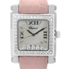 An image of a pre-owned wristwatch taken from a front close-up angle, focusing on the watch face. The watch features a square silver bezel embellished with small diamonds and a pink strap with a textured pattern. The face has a pearlescent background with Roman numerals and a brand name inscribed. Five larger diamonds are embedded at the bottom of the face.