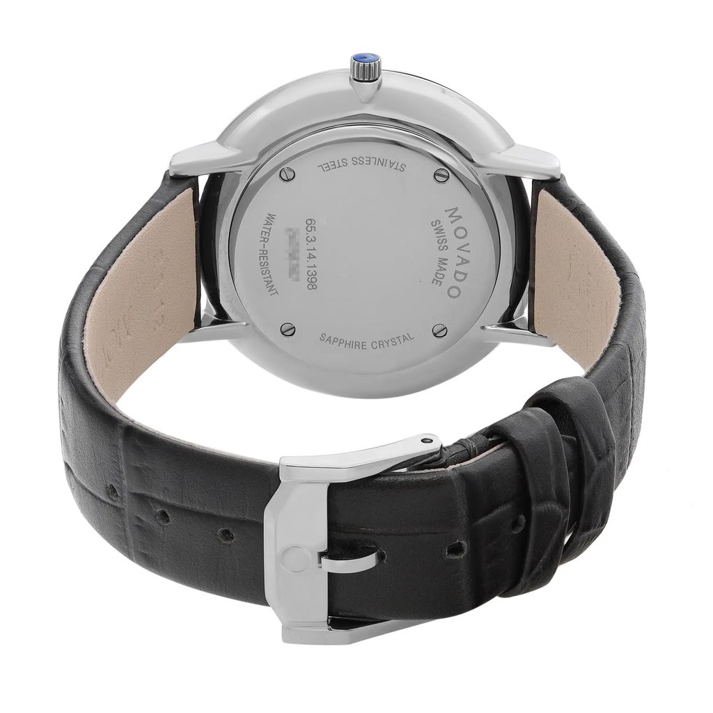 Back View Of Screwback Back Case And Closed Leather Band Of Movado 0607343 Watch Display Model Condition