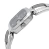 An image of a pre-owned Gucci wristwatch for women, showcasing a side profile view with the crown visible. The watch has a dress/formal style, featuring a black sunburst pattern dial, housed within a round stainless steel case. The bezel is silver in color, complementing the stainless steel band. The angle of the photo gives a clear view of the watch's side, including the curvature of the links on the band, and is taken from a close distance to highlight the watch's details.