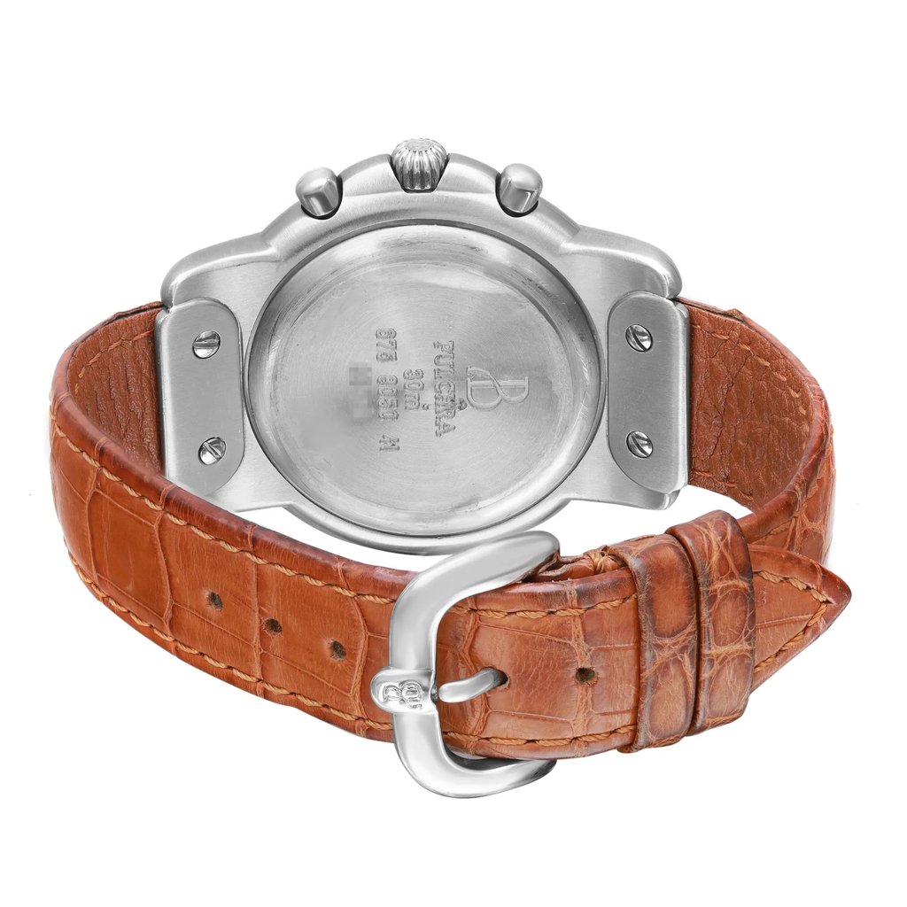 An image of a pre-owned BERTOLUCCI men's wristwatch showing the back view with a closed buckle clasp. The watch has a solid stainless steel caseback and is attached to a brown leather band with a buckle closure. The round shape of the watch is visible, and the image is taken from a direct, top-down angle at a close distance, showcasing the textures and details of the leather strap and the smooth finish of the caseback. The watch is pre-owned in good condition with light scratches on the case and signs of wear on the band.