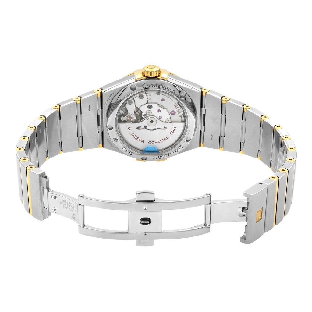 Back View Of {Caseback} Back Case And Open Stainless Steel Band Of OMEGA 123.25.38.22.02.002 Watch Display Model Condition