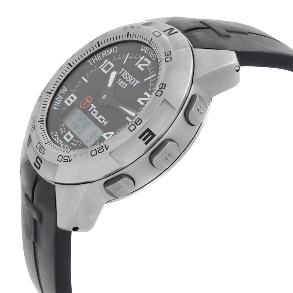 View Of Crown Facing Side Of Tissot T047.420.47.057.00 Titanium Watch Pre Owned Condition