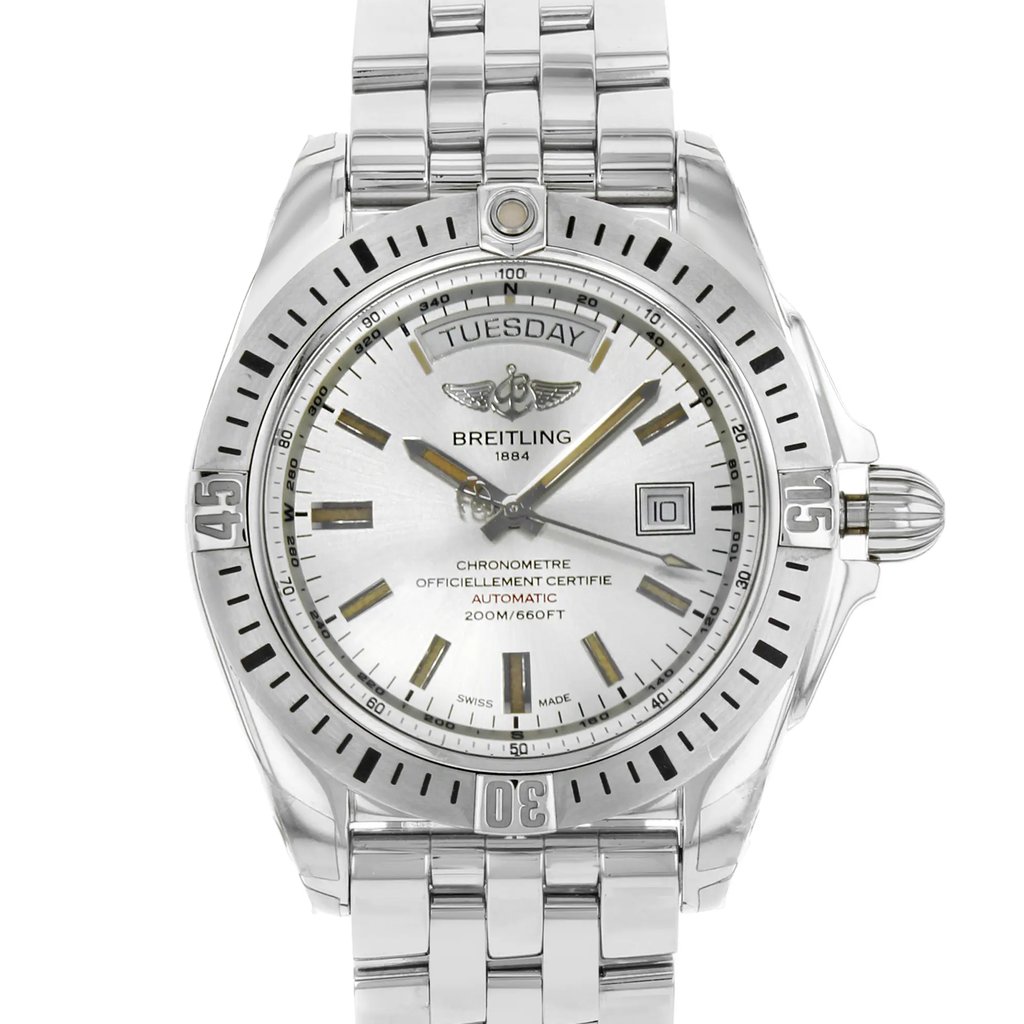 Up Close Front Facing Picture Of Breitling A45320B9/G797-375A Stainless Steel Watch Display Model Condition
