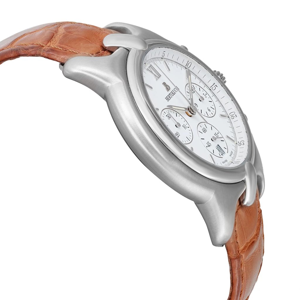 An image of a pre-owned Bertolucci men's wristwatch in a classic style. The watch is presented in a side profile view opposite of the crown, showcasing its round stainless steel case and stainless steel bezel. The white dial features chronograph subdials, and it is attached to a brown leather band. The angle of the photo offers a clear view of the watch's side, emphasizing its thickness and curvature. The image is taken from a close distance, focusing on the watch from the side to display its design and condition. The watch is pre-owned with light scratches on the case and signs of wear on the strap.