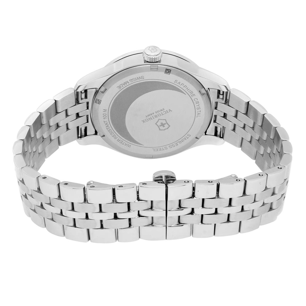 Back View Of Screwback Back Case And Closed Stainless Steel Band Of Victorinox 241751 Watch Display Model Condition