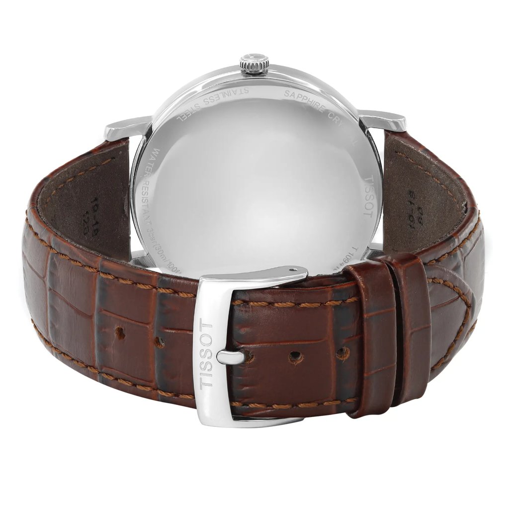 Back View Of Snap Back Case And Closed Leather Band Of Tissot T1094101603300 Watch Display Model Condition