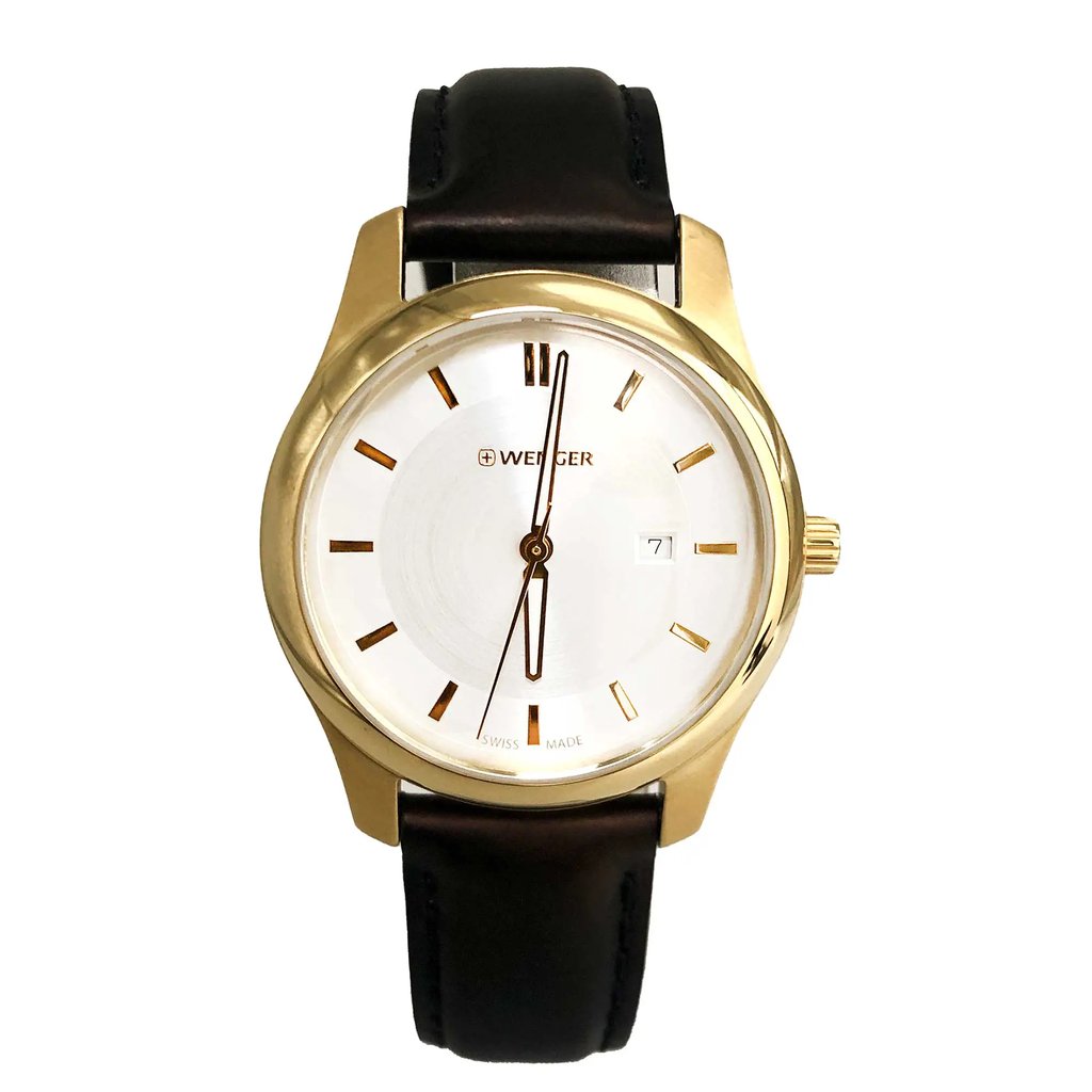 An image of a Wristwatch by Wenger. This Display Model item is designed for Women, featuring a Casual style. It has a Quartz movement and an Analog display with a Silver dial color. The indices include 12-Hour Dial,Stick Indexes. The band is made of Leather and the case is made of Stainless Steel. The watch has a Round shape with a case size of 34 mm and a case thickness of 8 mm.