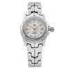 An image of a Wristwatch by TAG Heuer. This Pre Owned item is designed for Women, featuring a Dress/Formal style. It has a Quartz movement and an Analog display with a White Mother Of Pearl dial color. The indices include 12-Hour Dial,Diamond Markers. The band is made of Stainless Steel and the case is made of Stainless Steel. The watch has a Round shape with a case size of 26 mm and a case thickness of 9 mm.