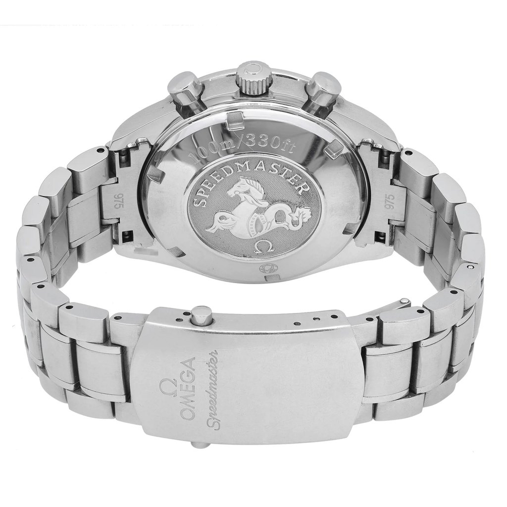 Back View Of Screwback Back Case And Closed Stainless Steel Band Of OMEGA 3220.50.00 Watch Pre Owned Condition