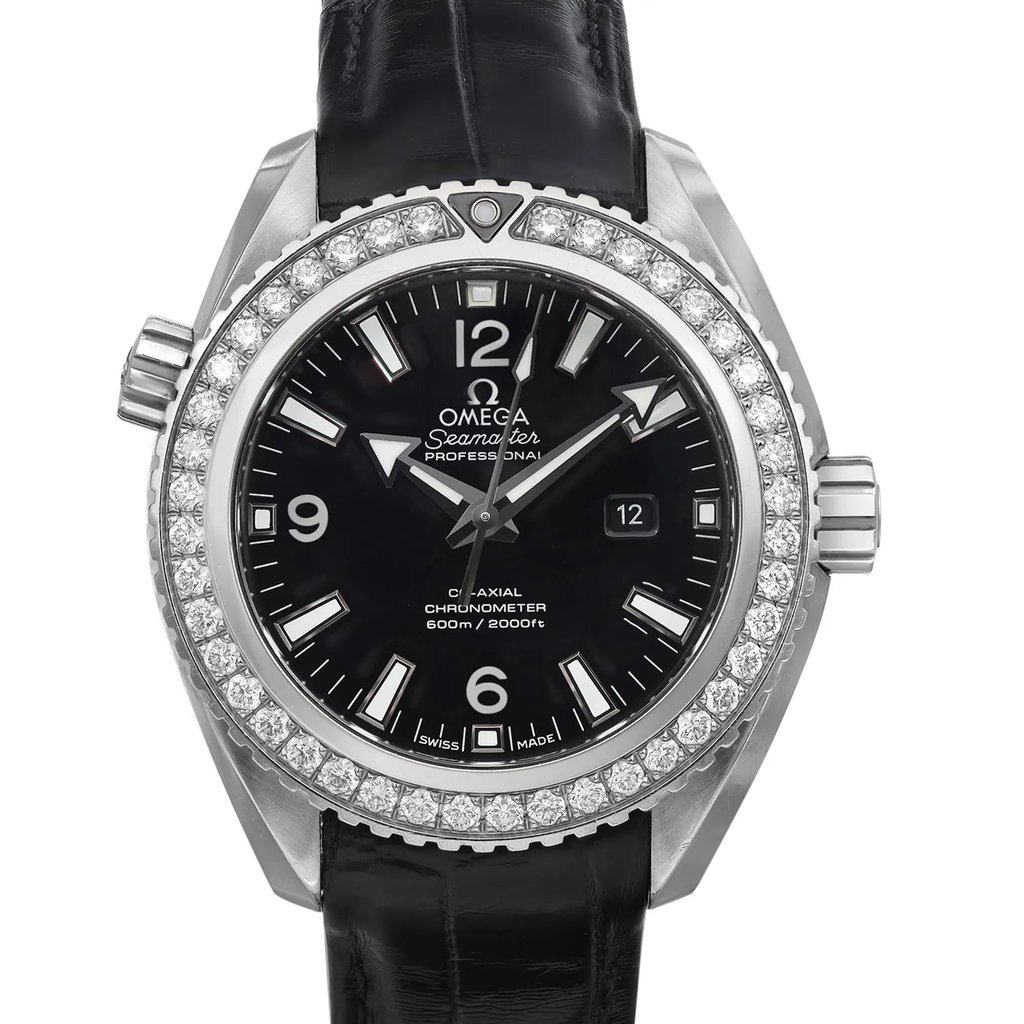 An image of a pre-owned wristwatch captured in a front close-up shot, focusing on the watch face. The angle highlights the black dial with large numeric and index markers, surrounded by a bezel adorned with crystals. The watch features a date window and is paired with a black leather strap.