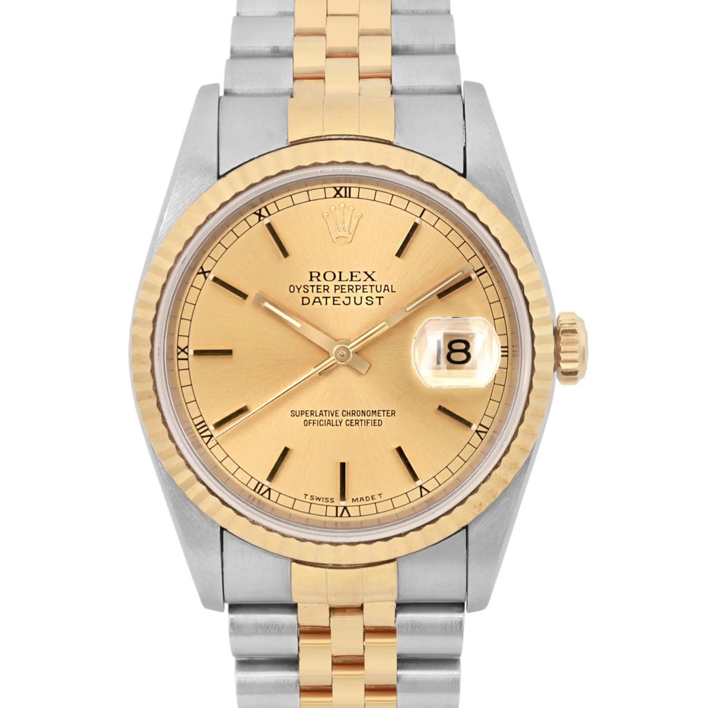 An image of a pre-owned men's Rolex wristwatch, viewed from a straight-on angle at close range. The watch features a two-tone metal bracelet with a gold and stainless steel. The gold dial includes a date indicator at the 3 o'clock position and luminous hands. The brand's logo and model details are visible on the face, framed by a gold bezel.